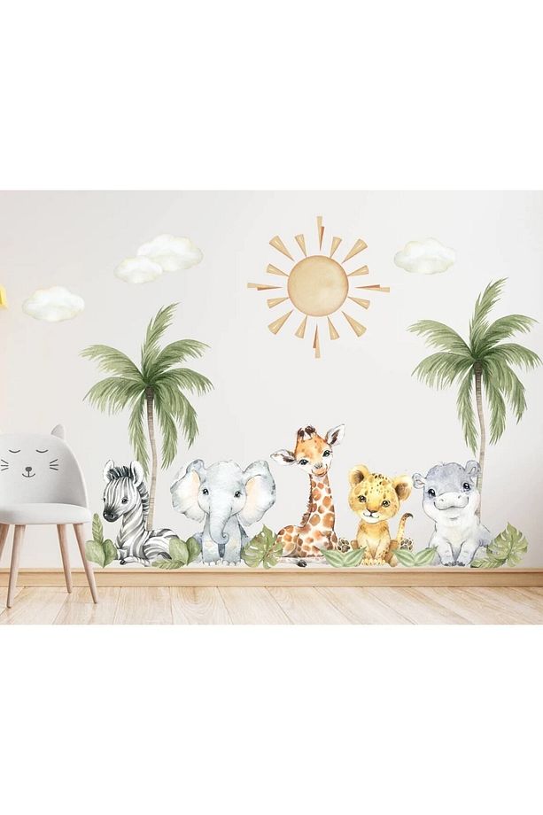 Safari Dünyası Yavru Hayvanlar Zebra Fil Zürafa Hippo Ve Aslan Çocuk Odası Duvar Sticker Seti - 1
