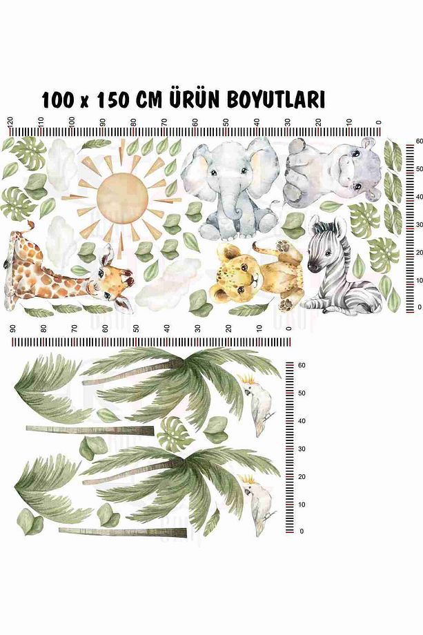 Safari Dünyası Yavru Hayvanlar Zebra Fil Zürafa Hippo Ve Aslan Çocuk Odası Duvar Sticker Seti - 5