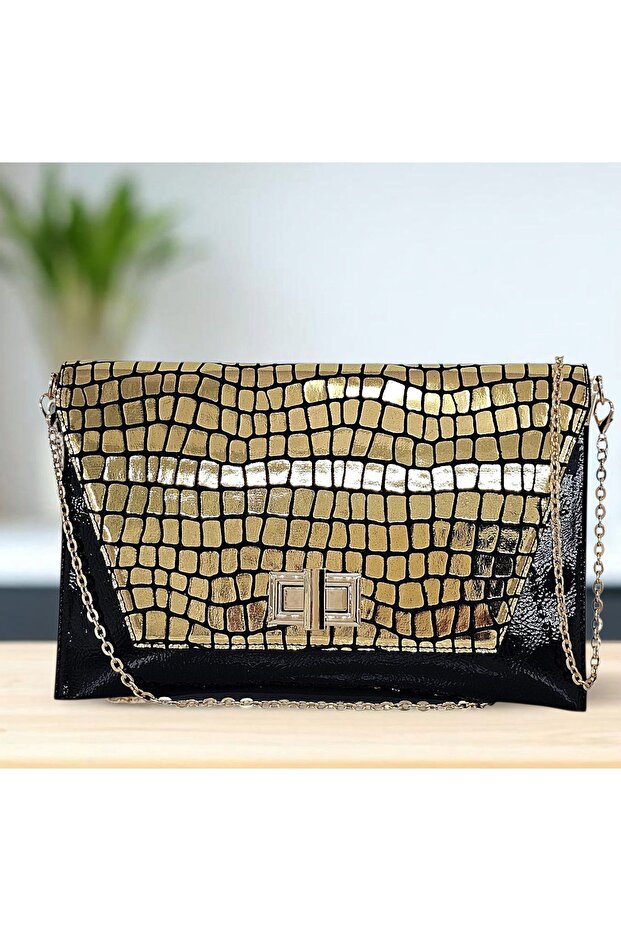 Black Patent Leather & Gold Crocodile Patterned Women's Portfolio & Clutch Bag with Lock Detail (30 X 20 cm)