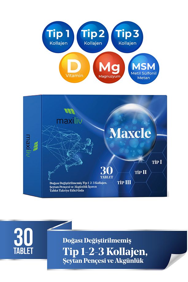Maxcle Doğası değiştirilmemiş Tip 1-2-3 Kollajen, Şeytan pençesi ve Akgünlük İçeren Tablet - 1