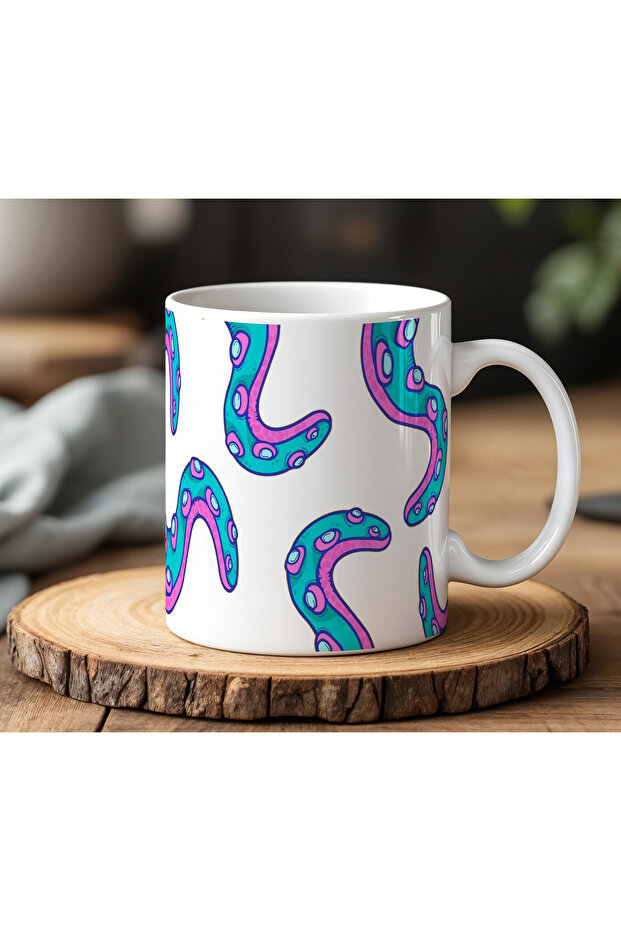 White Ceramic Printed Mug with Colorful Octopus Design 330ml