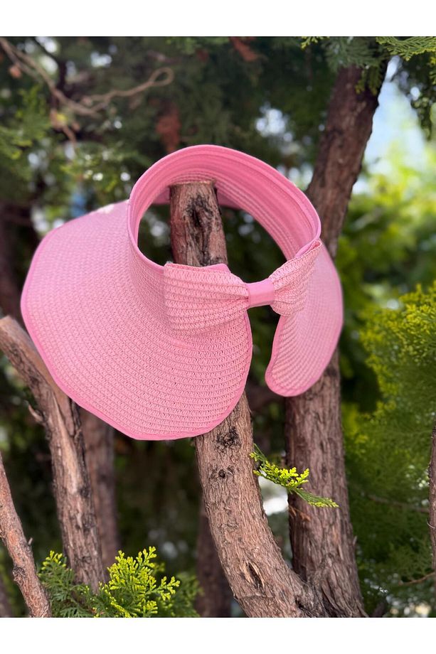 14624 Fiyonklu Pembe Geniş Üstü Açık Hasır Vizör Şapka - 2