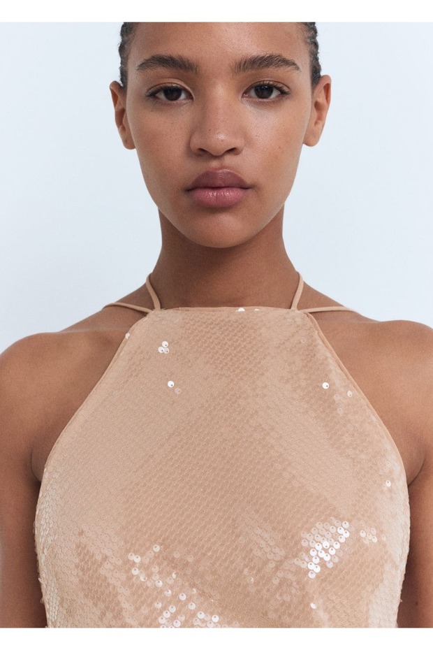 Halter yaka payetli elbise - 5