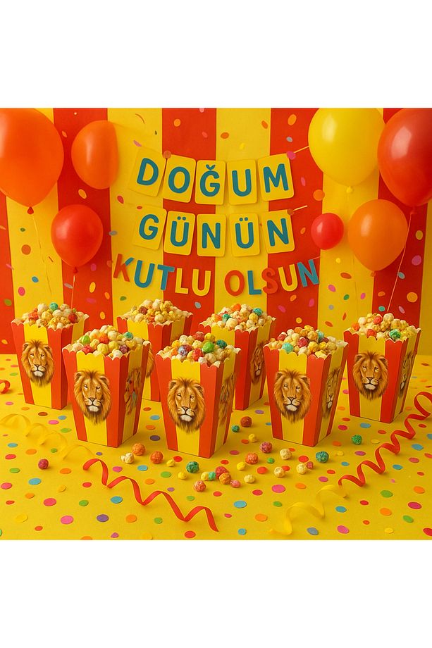 Sarı Kırmızı Aslan Temalı Popcorn Mısır Kutusu 8'li Kullan-at Mısır Kutusu - 1