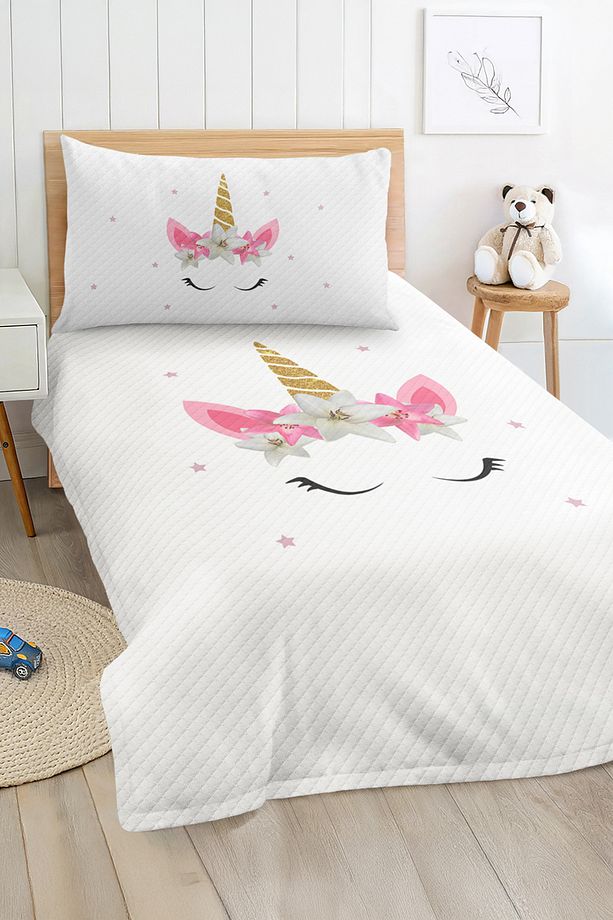 Pamuklu Unicorn Desenli Tek Kişilik Çocuk ve Genç Odası Pike Takımı Yatak Örtüsü - 2