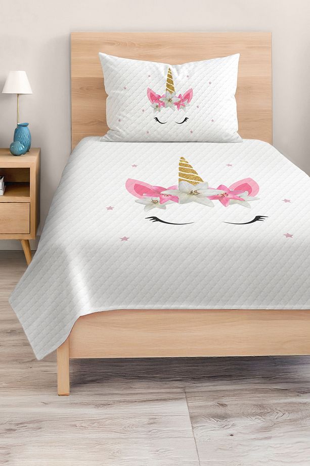 Pamuklu Unicorn Desenli Tek Kişilik Çocuk ve Genç Odası Pike Takımı Yatak Örtüsü - 1