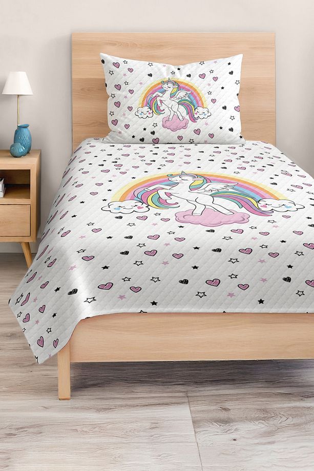 Unicorn ve Yıldız Desenli Tek Kişilik Çocuk ve Genç Odası Pike Takımı Yatak Örtüsü - 2