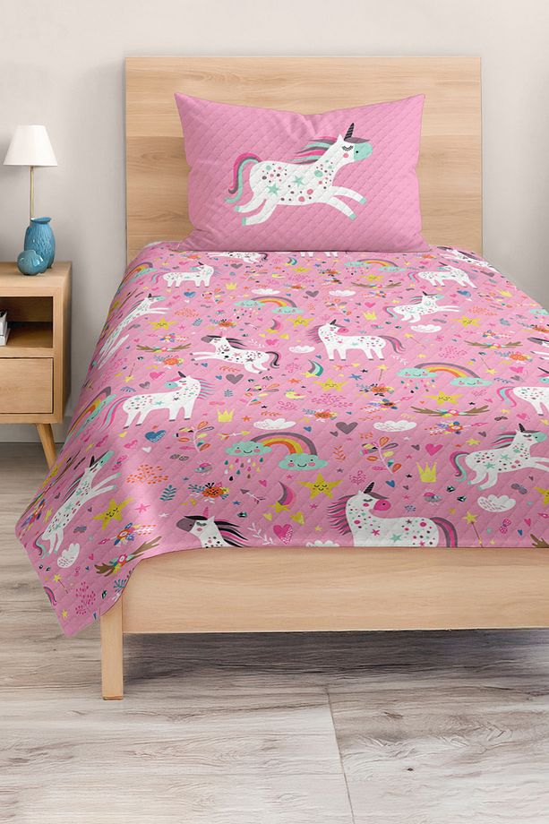 Unicorn Desenli Çocuk ve Genç Odası İçin Tek Kişilik Pike Takımı Yatak Örtüsü - 2