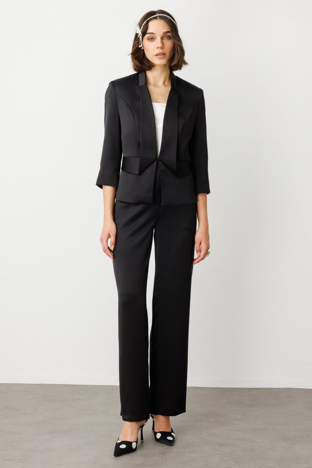 Wide Leg Satin Trousers Black