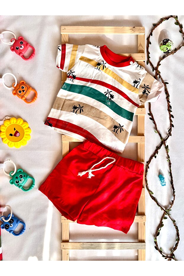 100% Organic Cotton Unisex Summer Baby Set – Palm Pattern T-Shirt & Red Shorts Set of 2