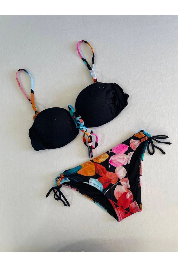 Kadın Siyah Taş İşlemeli Astarlı Bikini Takım HZL25S-LC207 - 1