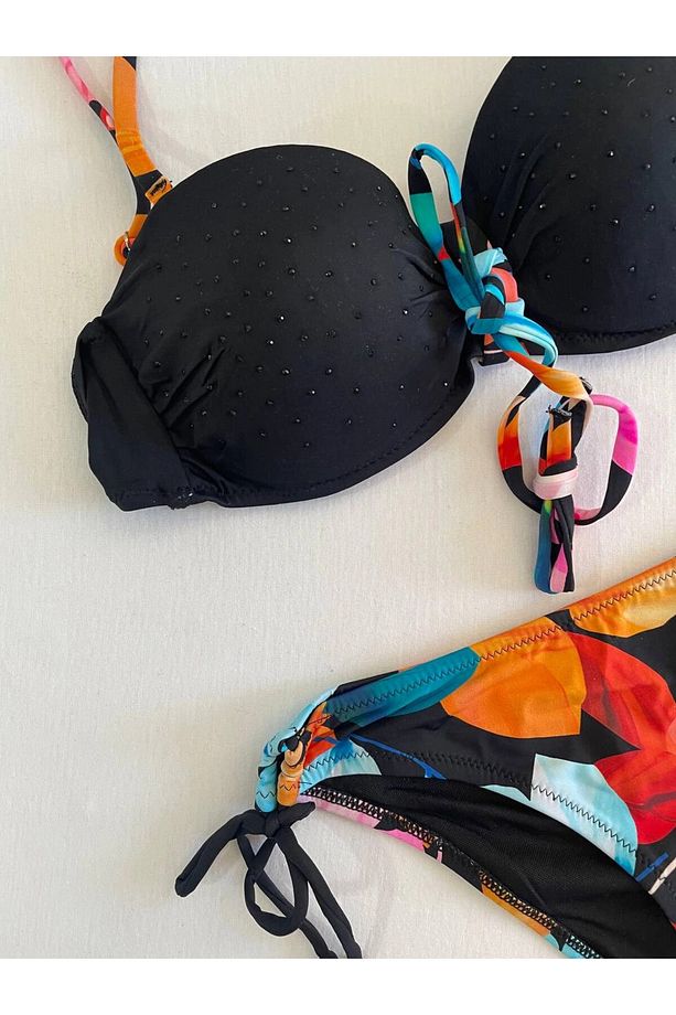 Kadın Siyah Taş İşlemeli Astarlı Bikini Takım HZL25S-LC207 - 4