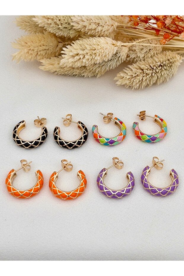 Mineli Çizgili Renkli Çelik Küpe - 8