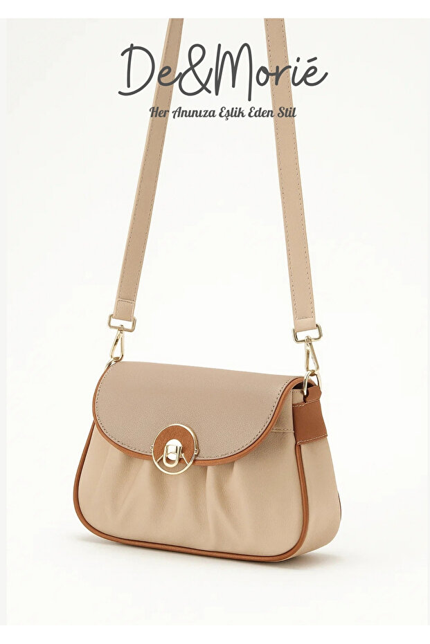 De&Morié 6081 Buckle Two-Compartment Women's Shoulder Bag – Beige / Brown Detailed