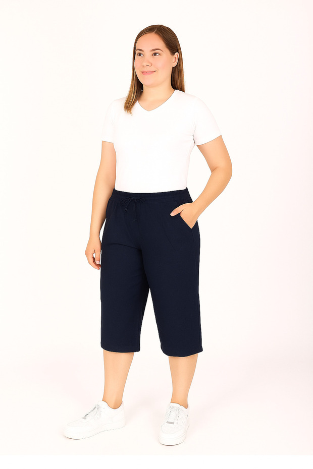 Women's Comfortable Fit Navy Blue Linen Hambez Capri – Summer Casual Model