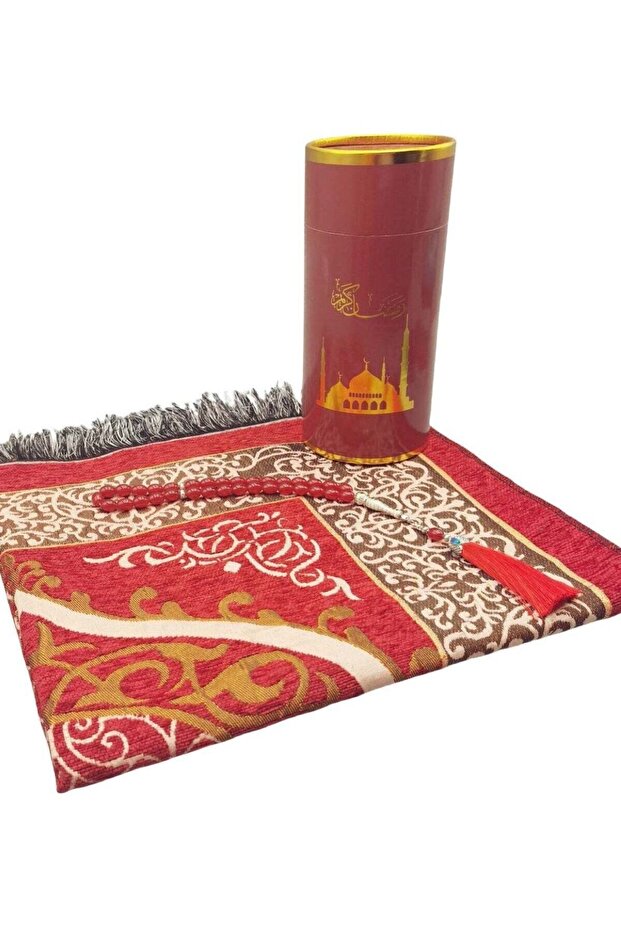 Embroidered Prayer Mat Set with Beads and Storage Box, Red