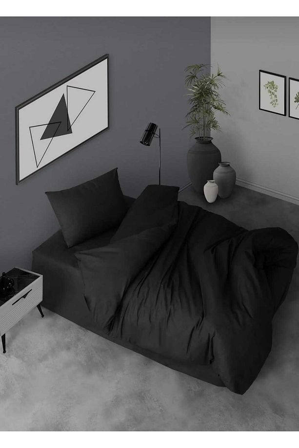 Ranforce Tek Kişilik Lastikli Çarşaflı Nevresim Takımı Simple Siyah - 1
