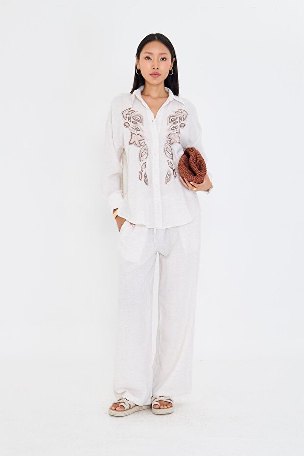 Pullu Nakışlı Keten Görünümlü Gömlek - 4