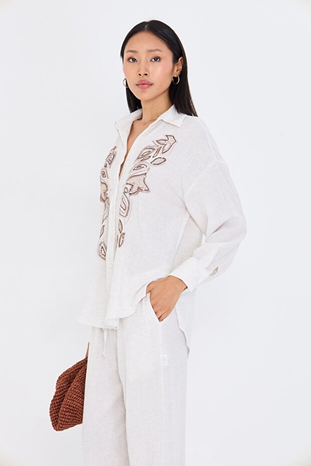 Pullu Nakışlı Keten Görünümlü Gömlek - 5