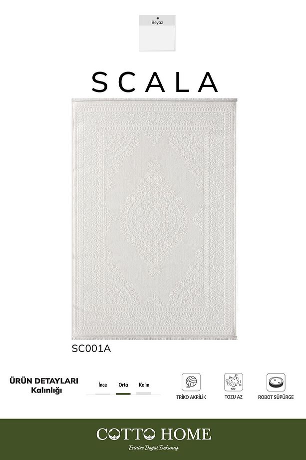 Scala SC001A Beyaz Halı Klasik Desenli Tozu Az Akrilik Salon Halısı Yatak Odası Mutfak Koridor - 2