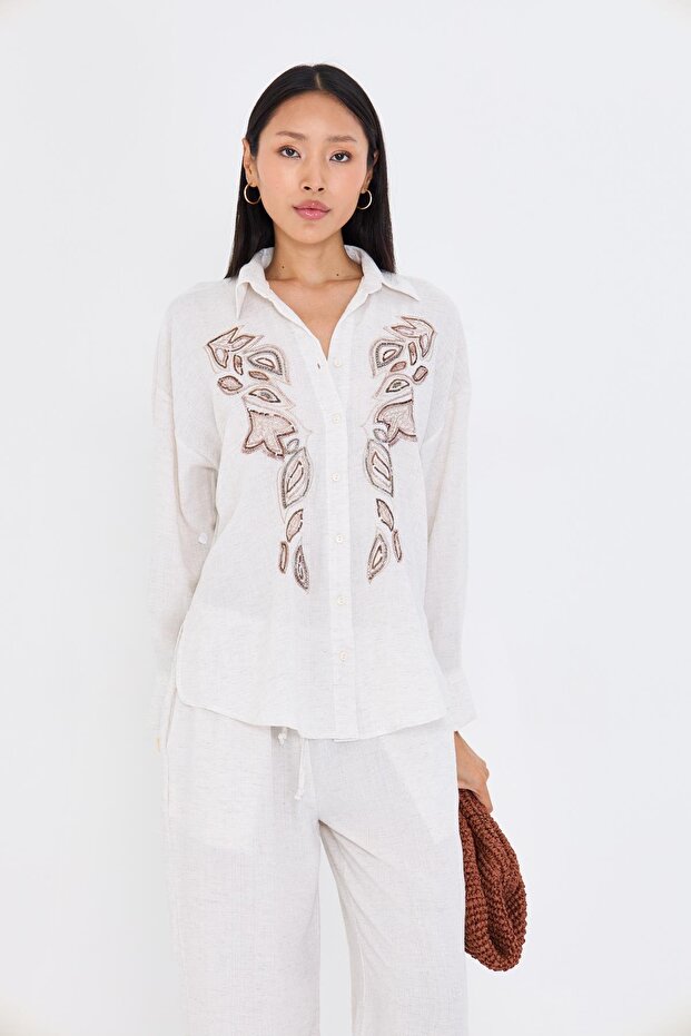 Pullu Nakışlı Keten Görünümlü Gömlek - 1