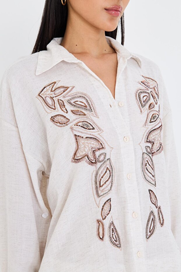 Pullu Nakışlı Keten Görünümlü Gömlek - 2