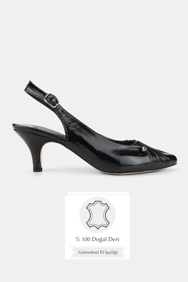Women's Black Patent Leather Genuine Leather 34-35-41 Number Short Heel Buckle Back Open Shoes