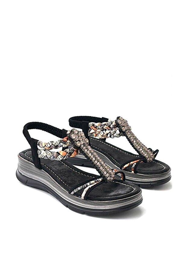 Kindep Bead Detailed Elastic Padded Sole Women's Sandals Black