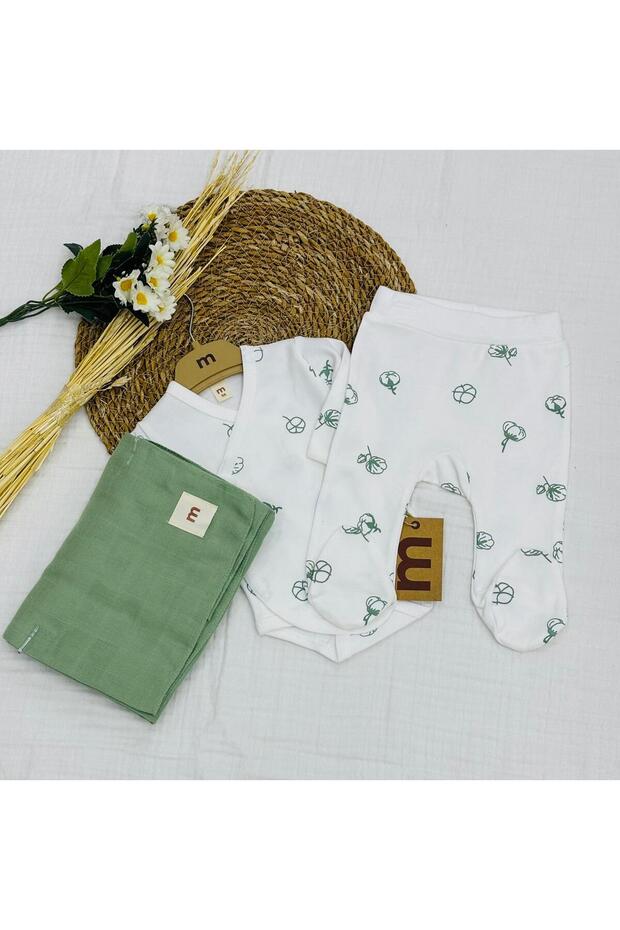 Newborn Baby Set of 3 with Printed Snap Fastener Badi, Bottom and Muslin Blanket