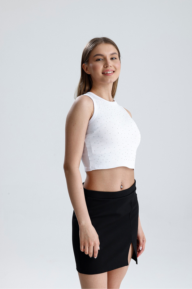 Kadın Taşlı Örme Crop - 6