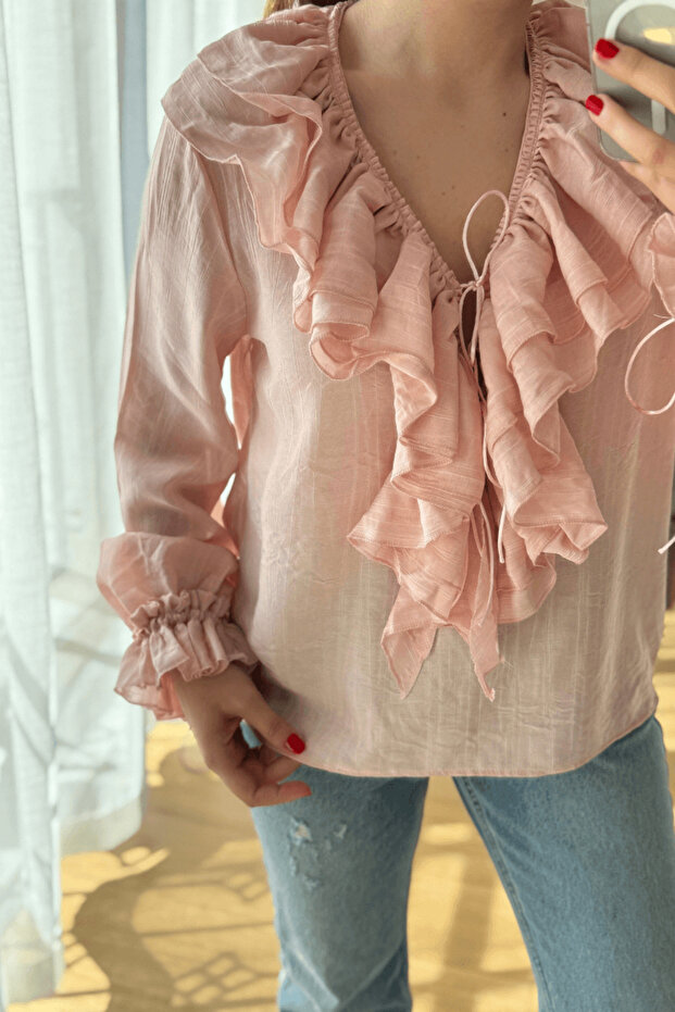 Pembe Fırfırlı İsveç Gömlek - 5