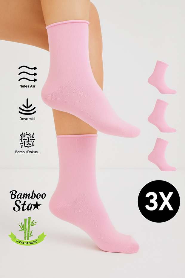 Bamboo Women's Elasticless Pink Socket Seamless Premium Socks 3 Pack / Non-Squeezing Socks / Does Not Leave Marks