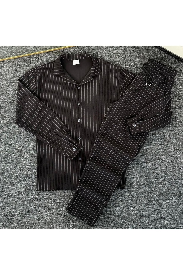 Alaçatı Style Crepe Fabric Line Detail Unisex Shirt and Pants Set