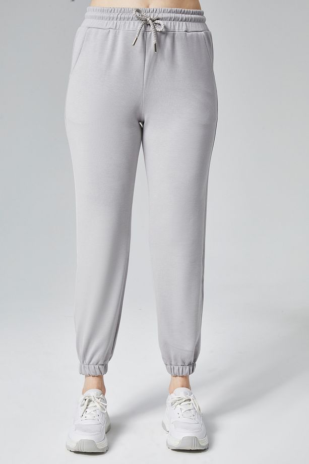 Kadın Gri Modal Kumaş Lastikli Paça Tek Alt Jogger Pantolon - 5