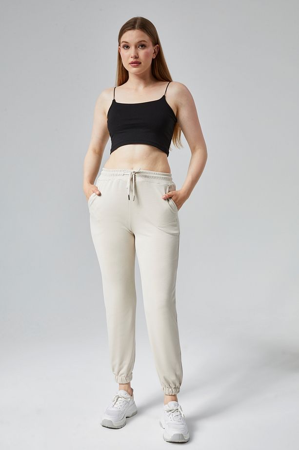 Kadın Krem Modal Kumaş Lastikli Paça Tek Alt Jogger Pantolon - 1