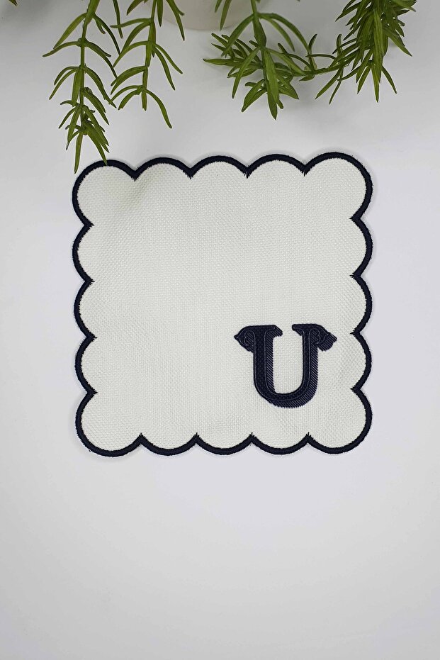 Letter U Minimal Monogrammed Black Embroidery Edged White Cocktail Napkin 1 Piece