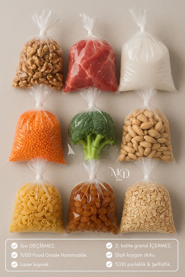 2 KG Büyük Boy | Lazer Kaynaklı Şeffaf Gıda Poşeti – Donmaya Dayanıklı ve Sağlam - 3