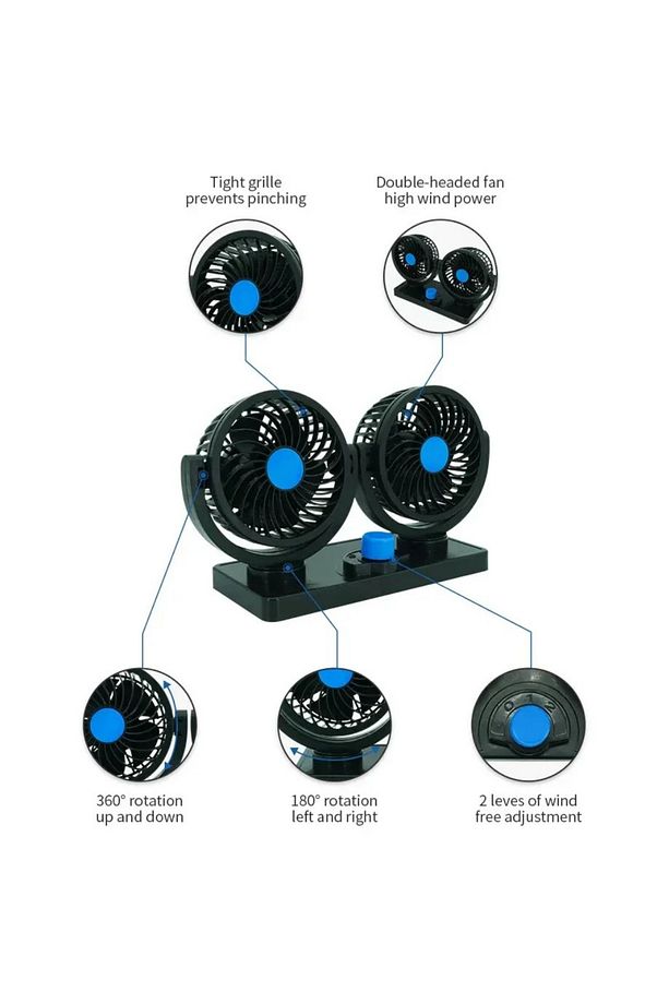Araç İçi Vantilatör 360° Dönebilen Torpido Üstü Çift Başlıklı Vantilatör 12v Uyumlu Soğutucu Fan - 4