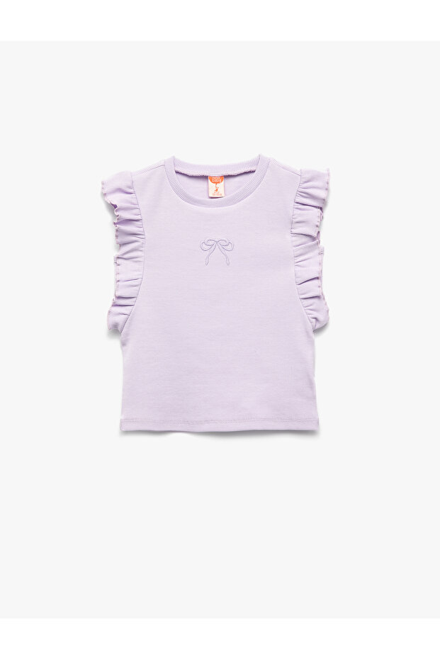 Ruffled Bow Detailed Crew Neck Sleeveless Cotton Ribbed Tank Top