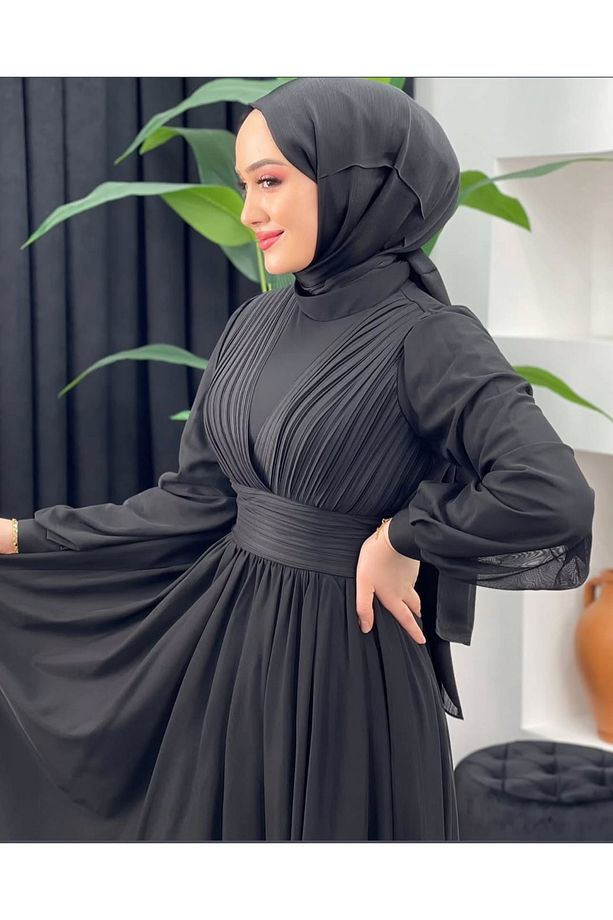 Tül Şifon Tesettür Abiye Siyah - 3