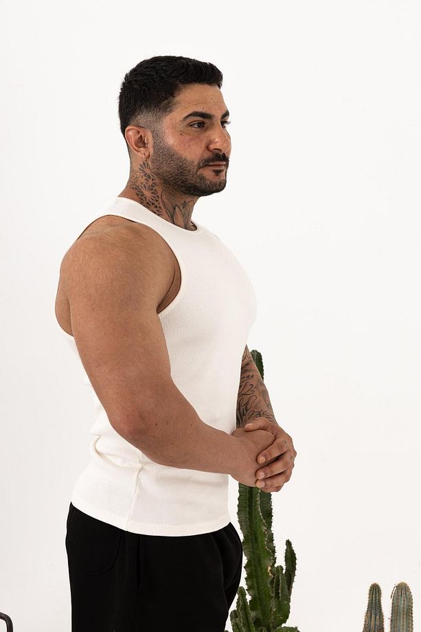 Erkek Beyaz Ribana Fitilli Atlet – Yazlık Slim Fit Basic Atlet - 5