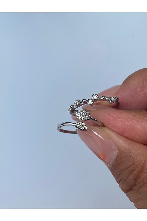 Double Ring Set Silver Color Ivy Pattern - 3