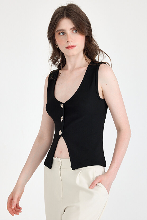 Black Button Detailed V-Neck Blouse 018 - 1