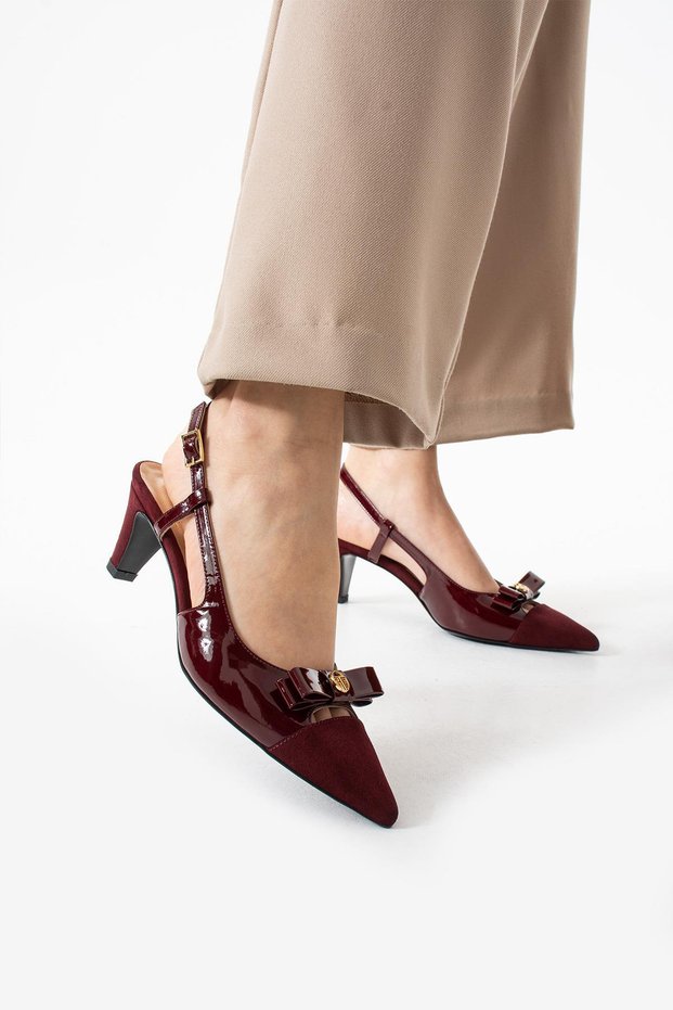 Women's Genuine Leather Classic Heeled Shoes Claret Red