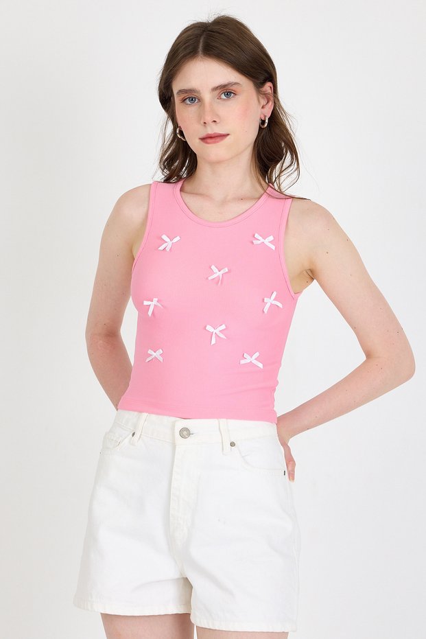 Pink Bow Embroidered Crop Knitted Undershirt 0849