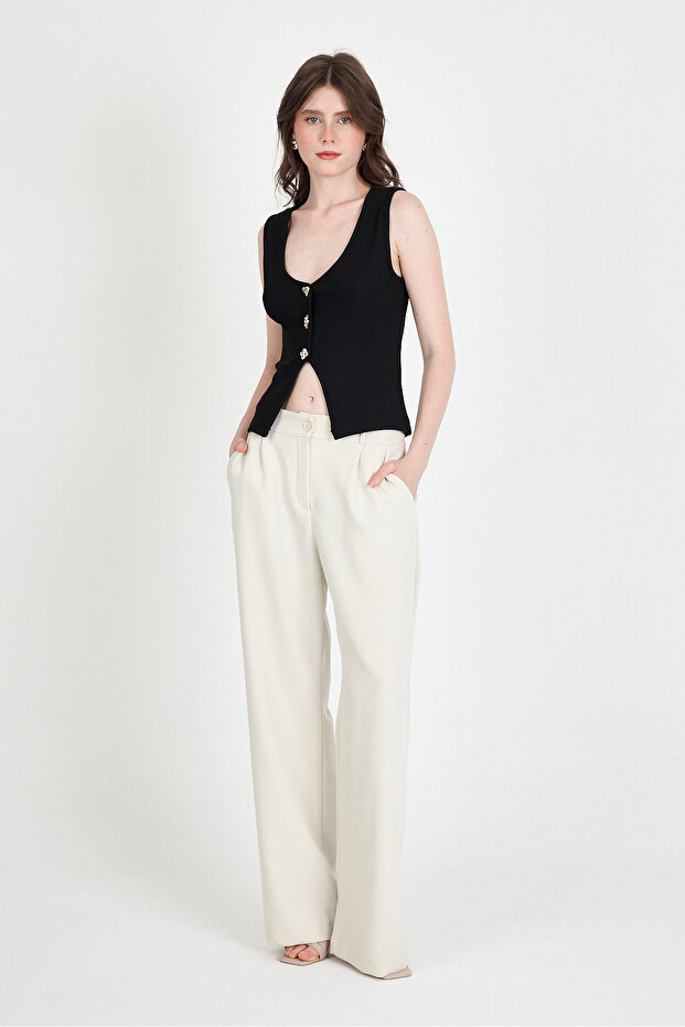 Black Button Detailed V-Neck Blouse 018 - 3