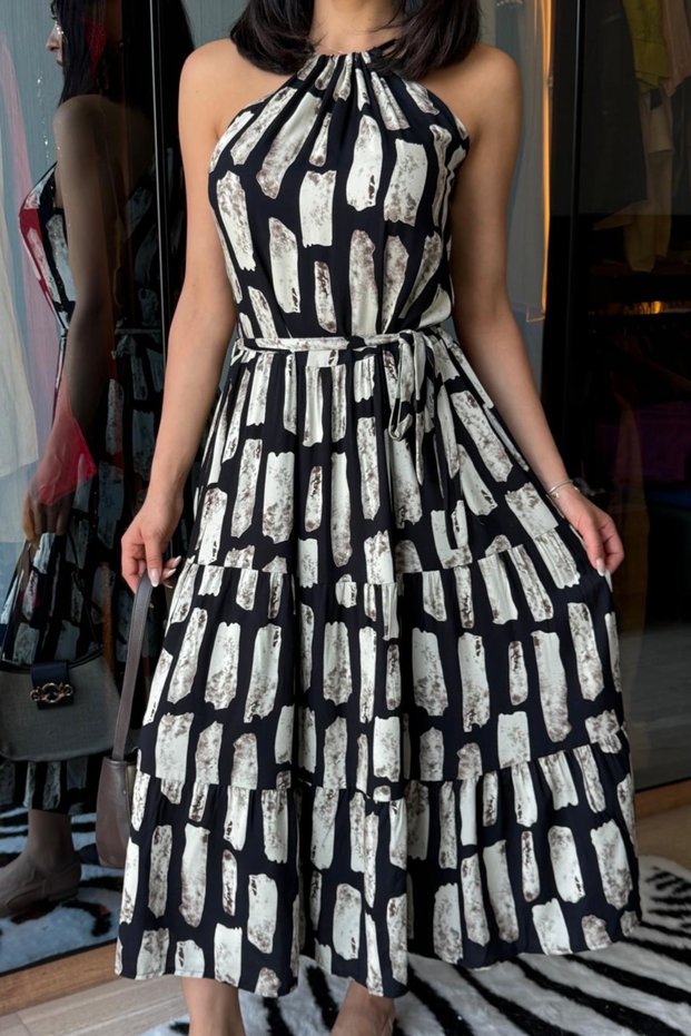 Women's Rope Strap Halter Detail Skirt Ruffled Belt Viscose Summer Dress