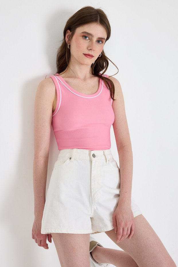 Pink Stripe Detailed Knitted Crop Tank Top 1049