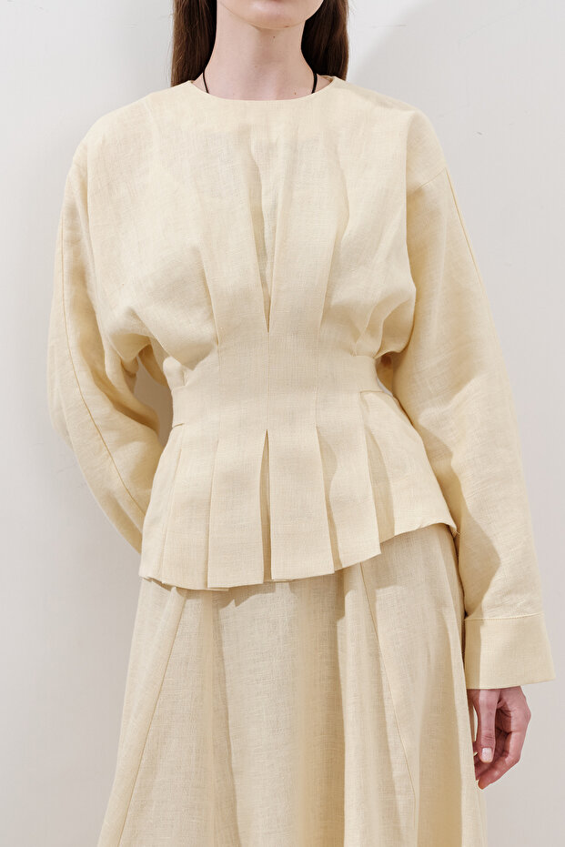 Lniana bluzka dwurzędowa z wiązaniem Żółta - 3