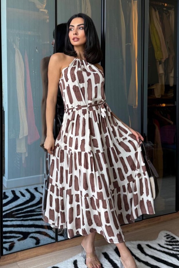 Women's Rope Strap Halter Detail Skirt Ruffled Belt Viscose Summer Dress